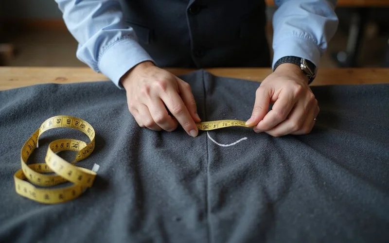 Tailor marking chalk on charcoal worsted wool beside a measuring tape