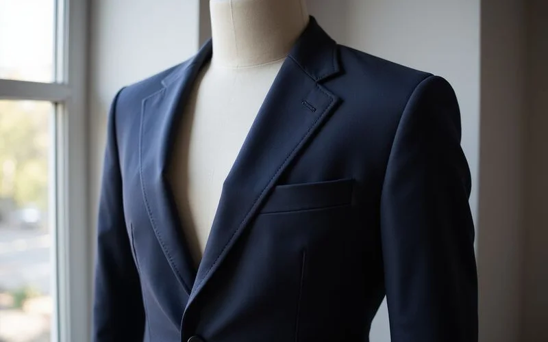 Navy bespoke jacket on a fitting mannequin showing pad-stitched lapel and full canvas chest