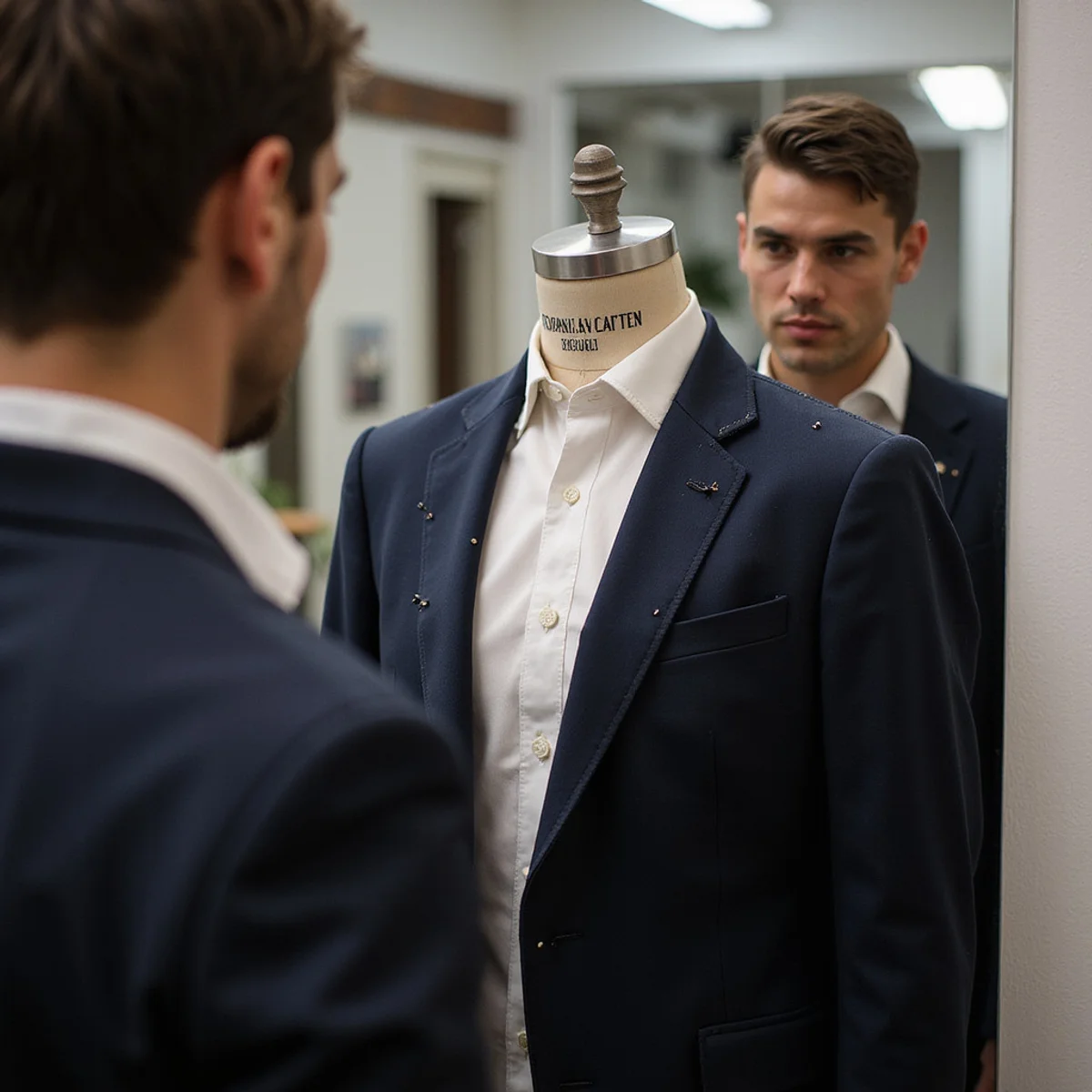 Basted jacket half-assembled on client mid-fitting with pins along the lapel