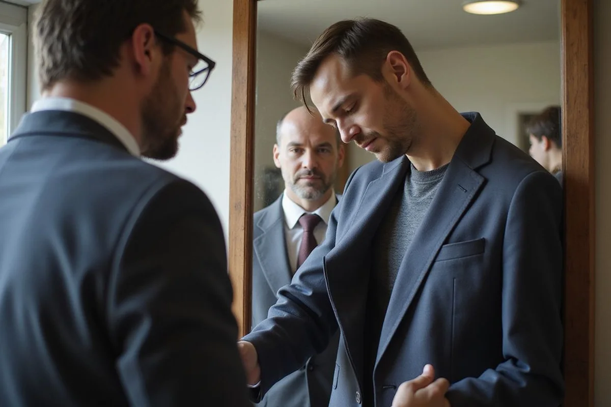 Basted jacket on a client with pins along the chest