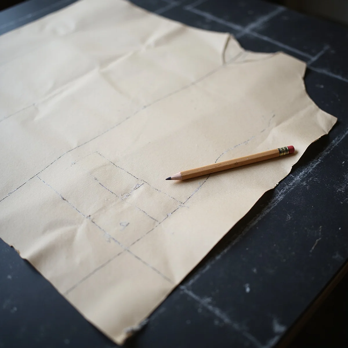 Bespoke paper pattern draft with chalk annotations