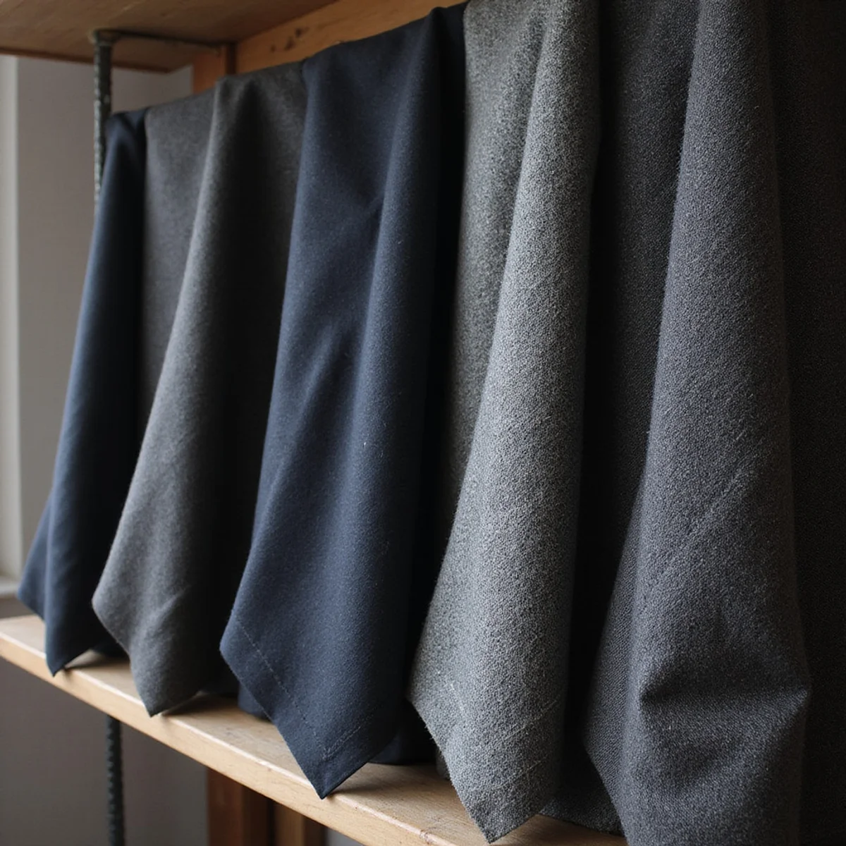 Bolts of British worsted wool from Holland & Sherry and Dormeuil on workshop shelf