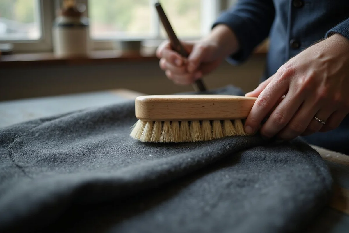 Brushing a wool suit with a garment brush, close detail of fibres