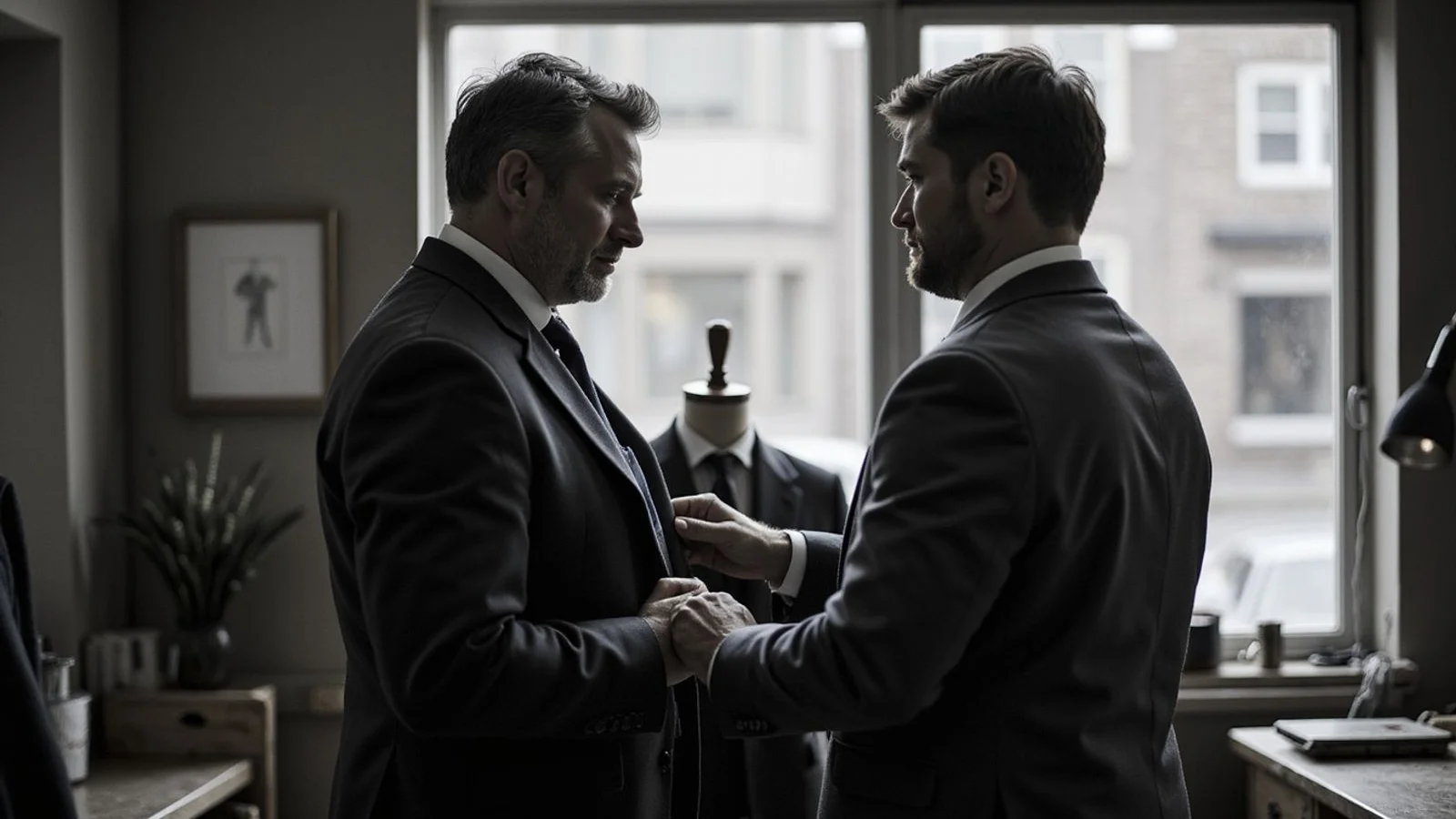 Client and tailor at the workshop fitting mirror, jacket mid-adjustment