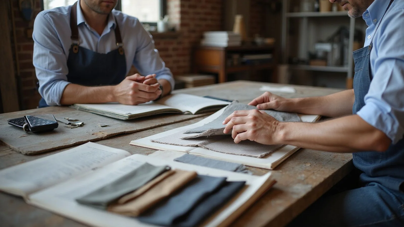 Client and tailor mid-consultation at a Fort Street workshop table with fabric swatches fanned