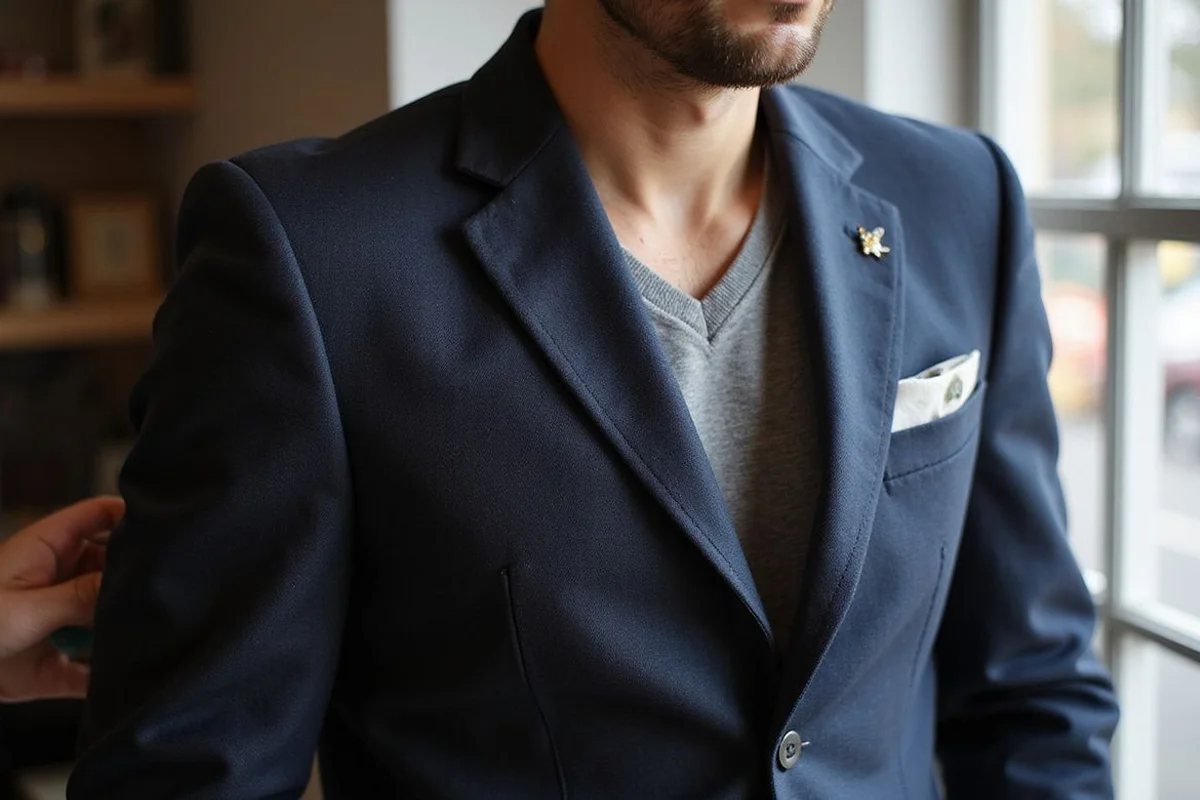 Client in basted jacket mid-fitting, cloth pinned along the lapel