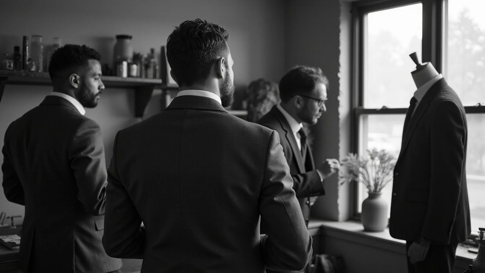 Client mid-basted-fitting at Finch & Co. Victoria workshop, tailor chalking the shoulder seam