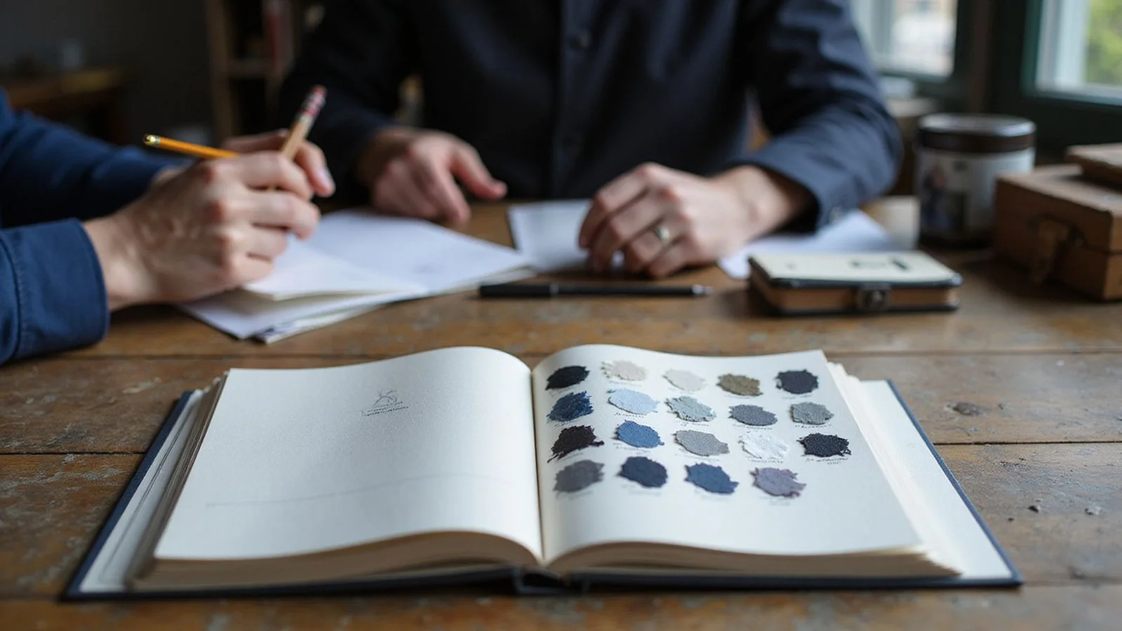 Client seated with tailor across a workshop table, swatch books open, soft daylight