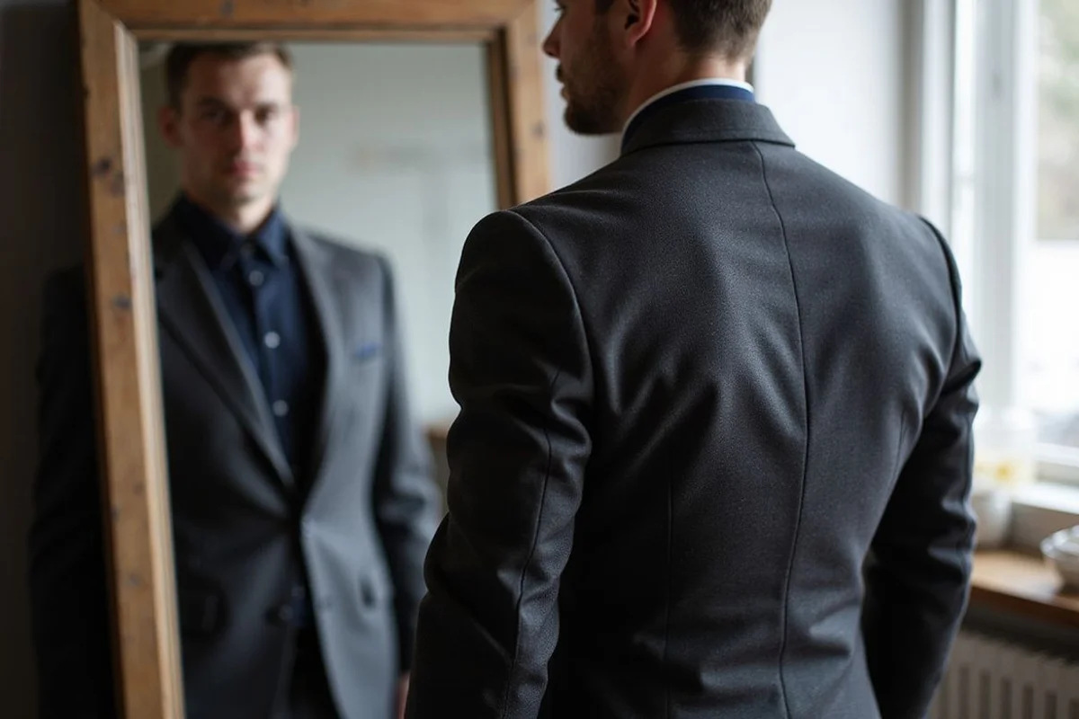 Client with athletic V-shape silhouette in a bespoke jacket at the fitting mirror