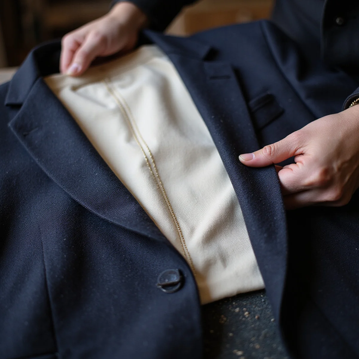 Close detail of full canvas chest piece with hand stitching