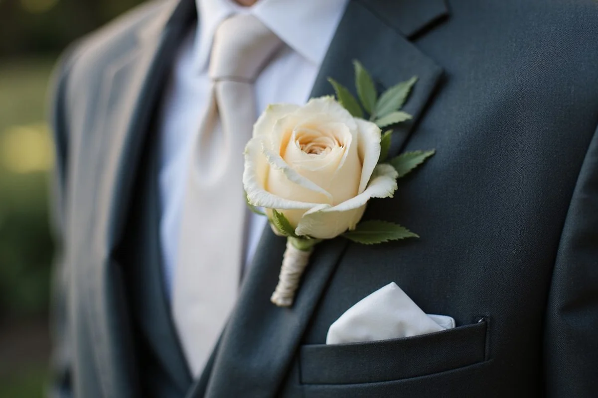 Close-up of a boutonniere pinned to a bespoke lapel