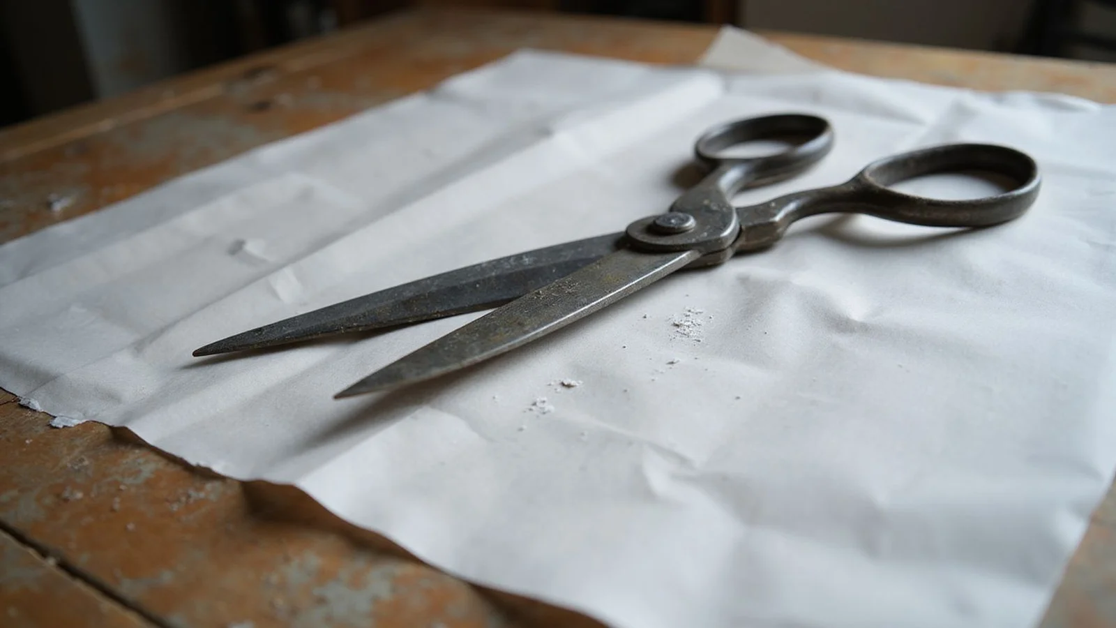 Cutting shears laid on a freshly cut pattern piece, workshop light