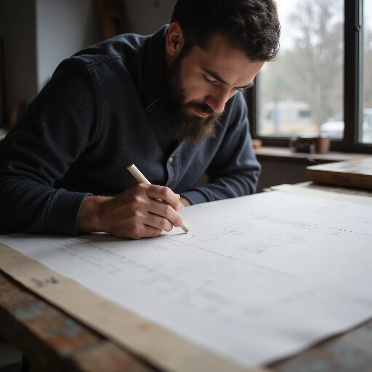 David Finch drafting a paper pattern on the Fort Street cutting table