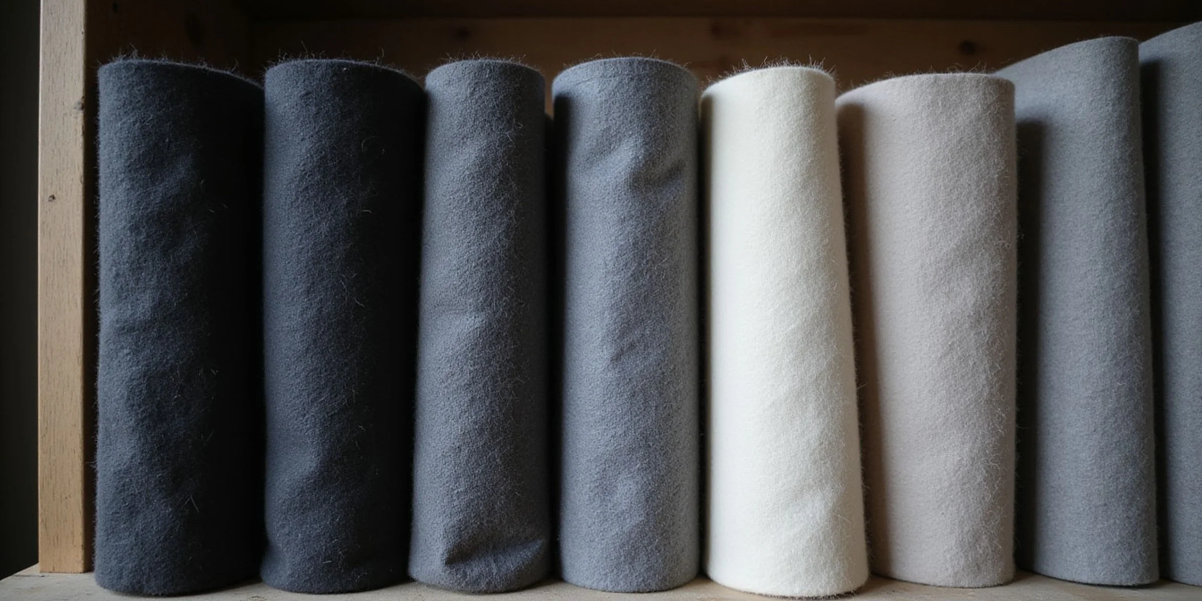 Fabric bolts of British and Italian wool on the workshop shelf