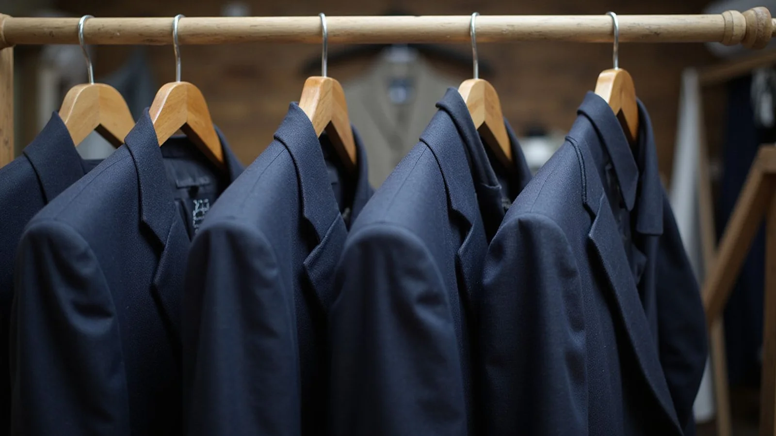 Four groomsmen suits on a rack, each with fitting tags