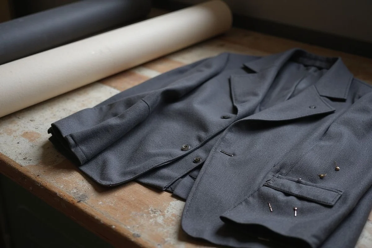 Sequence of four workshop details — pattern, cloth, basted jacket, finished lapel