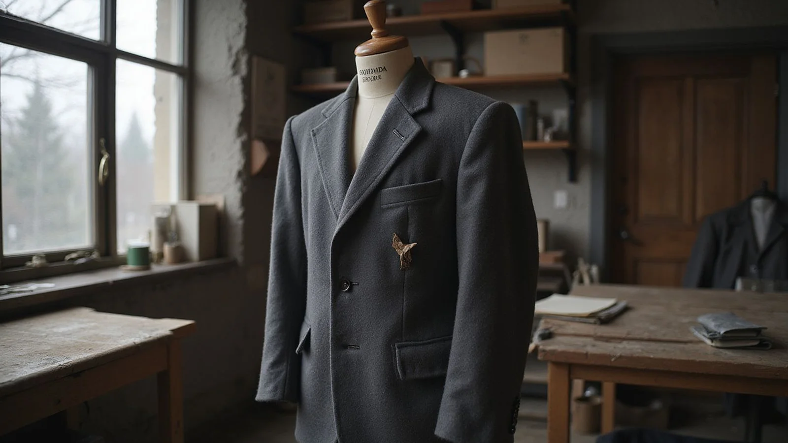 Grey wool 1960s vintage jacket on a dress form with visible repair detail