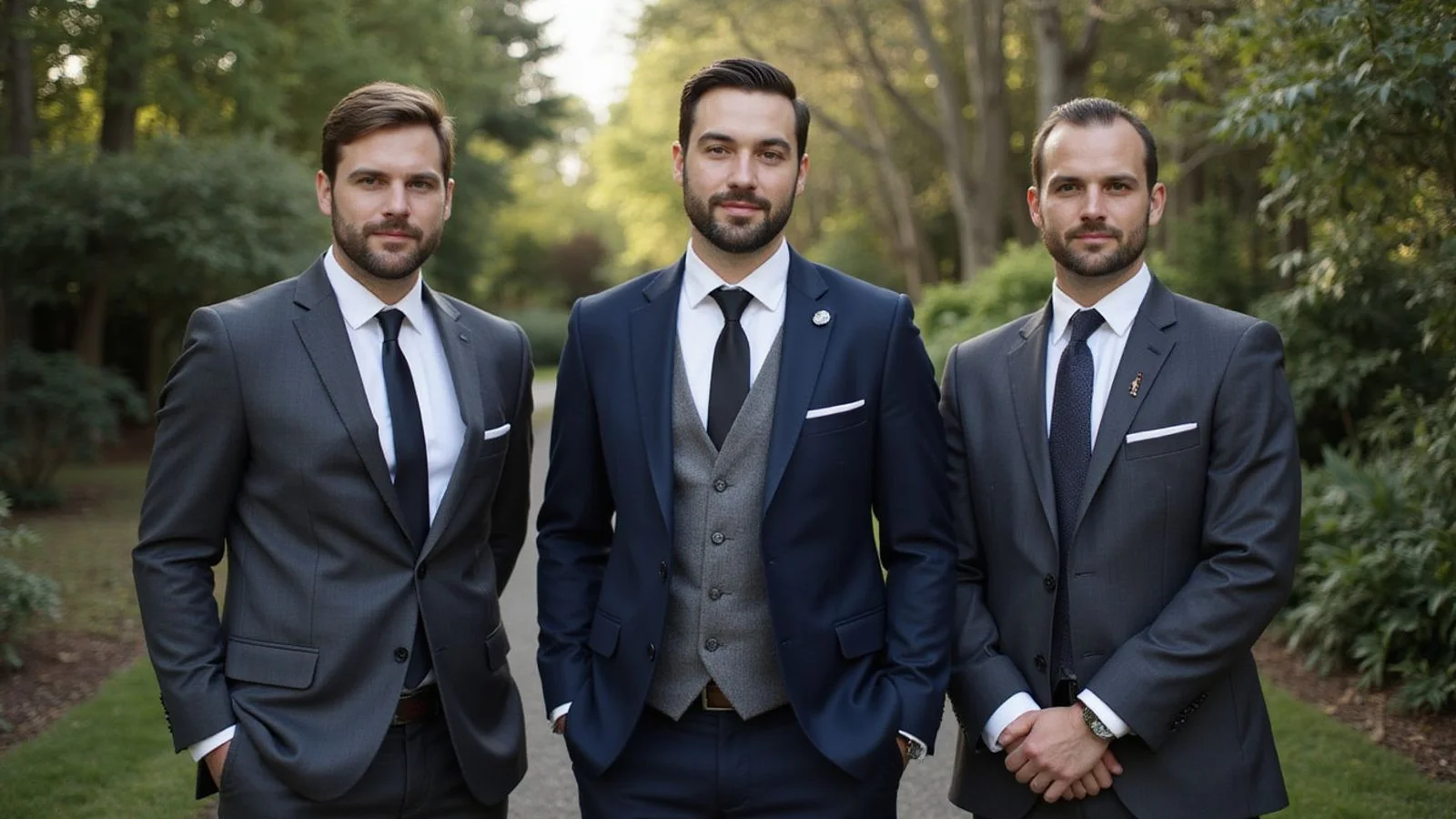 Groom and three groomsmen in complementary charcoal and navy bespoke suits at a Victoria garden wedding