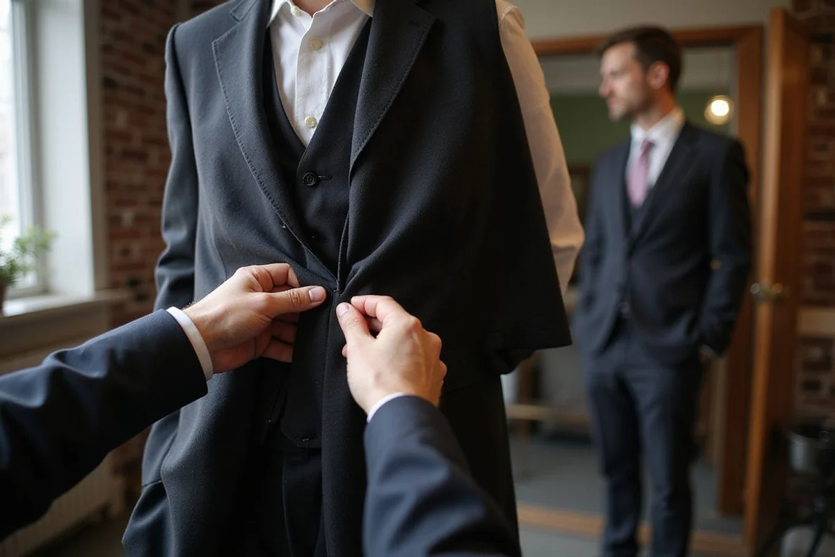 Groomsman mid-fitting with tailor pinning the jacket waist