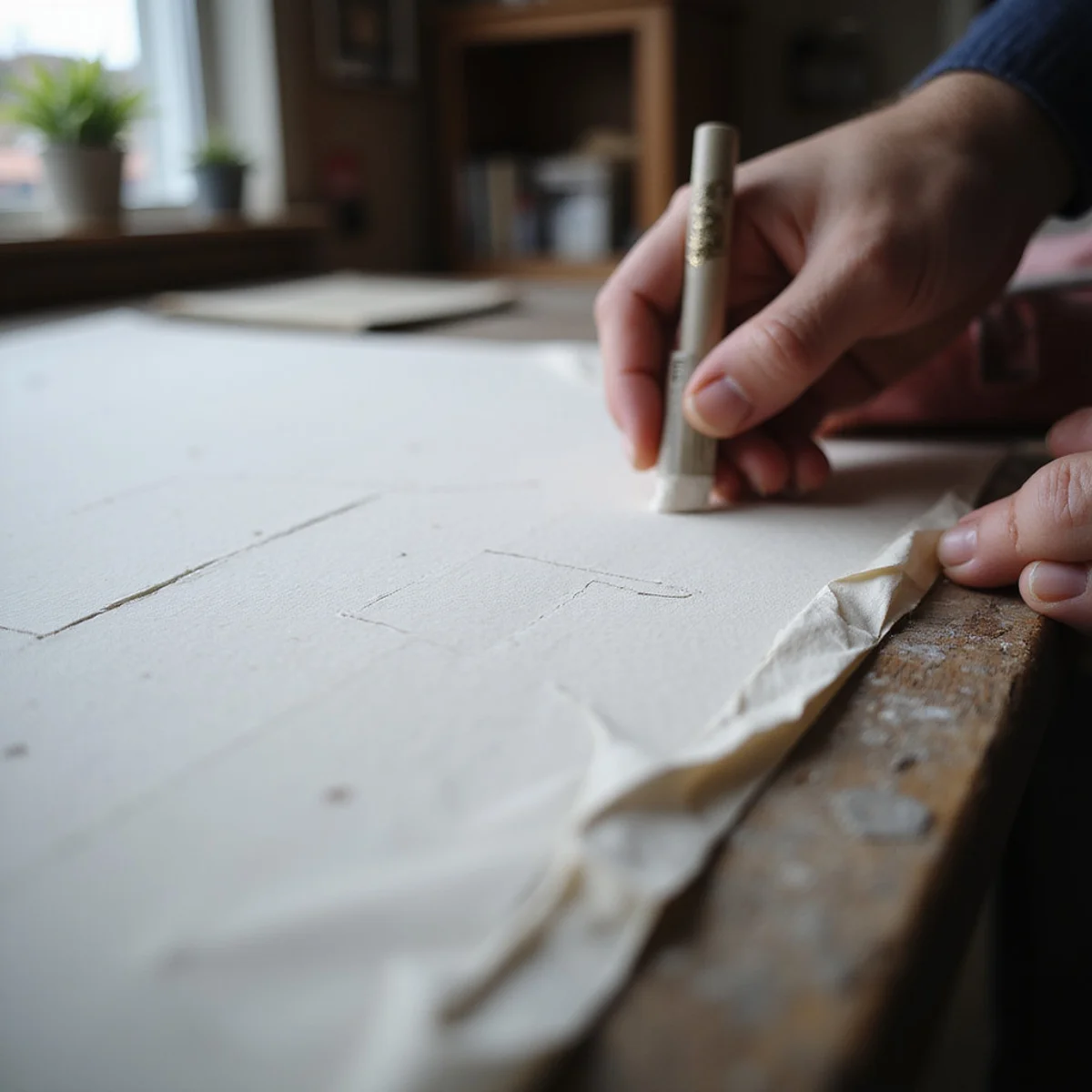 Hand-drafting a paper pattern with chalk and rule on the cutting table
