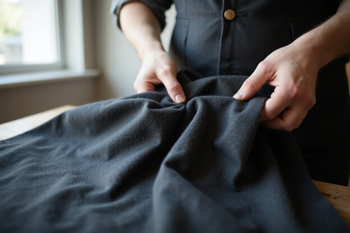 Hand folding a length of charcoal worsted to show drape