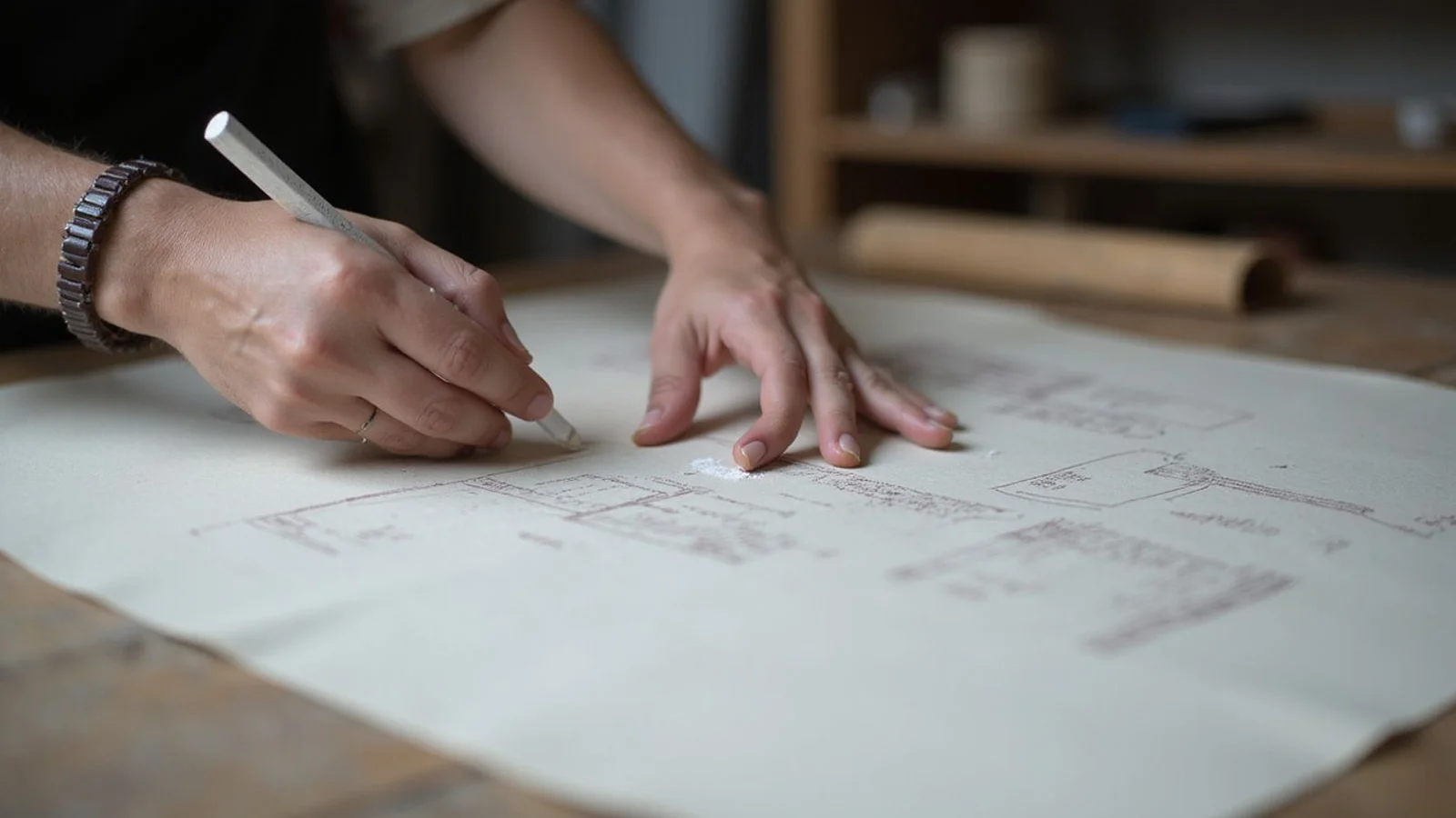 Hands drafting a paper pattern with chalk and rule on the Fort Street workshop cutting table