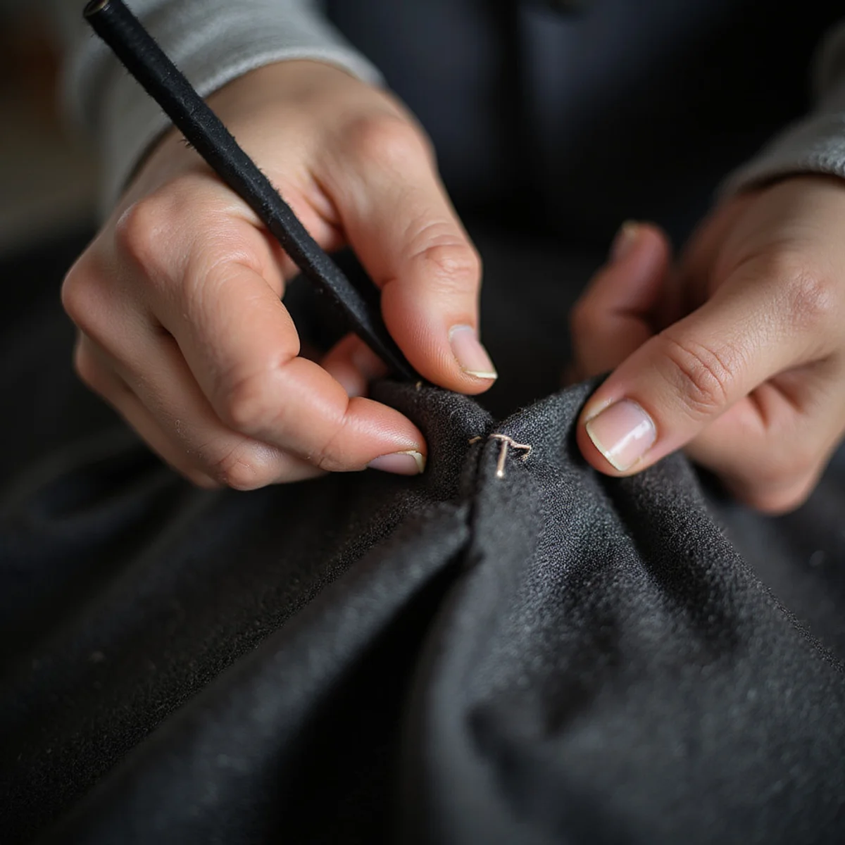 Hands preserving an original trouser hem with careful thread release