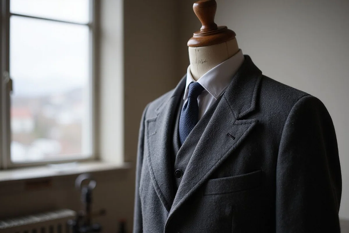 Heirloom grey wool suit on a dress form in a quiet workshop corner