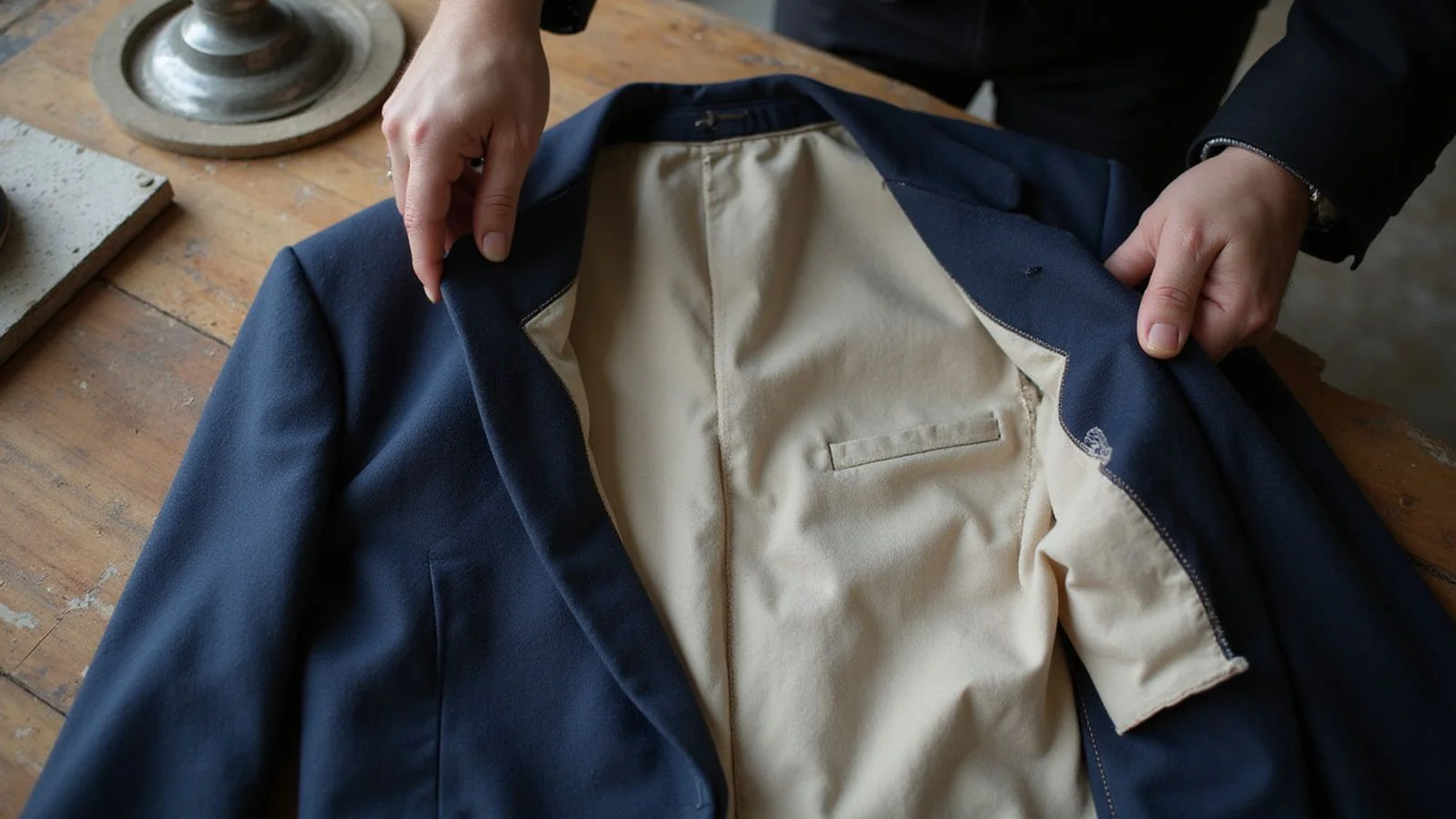 Inverted jacket with canvas chestpiece exposed, tailor hands holding the interlining