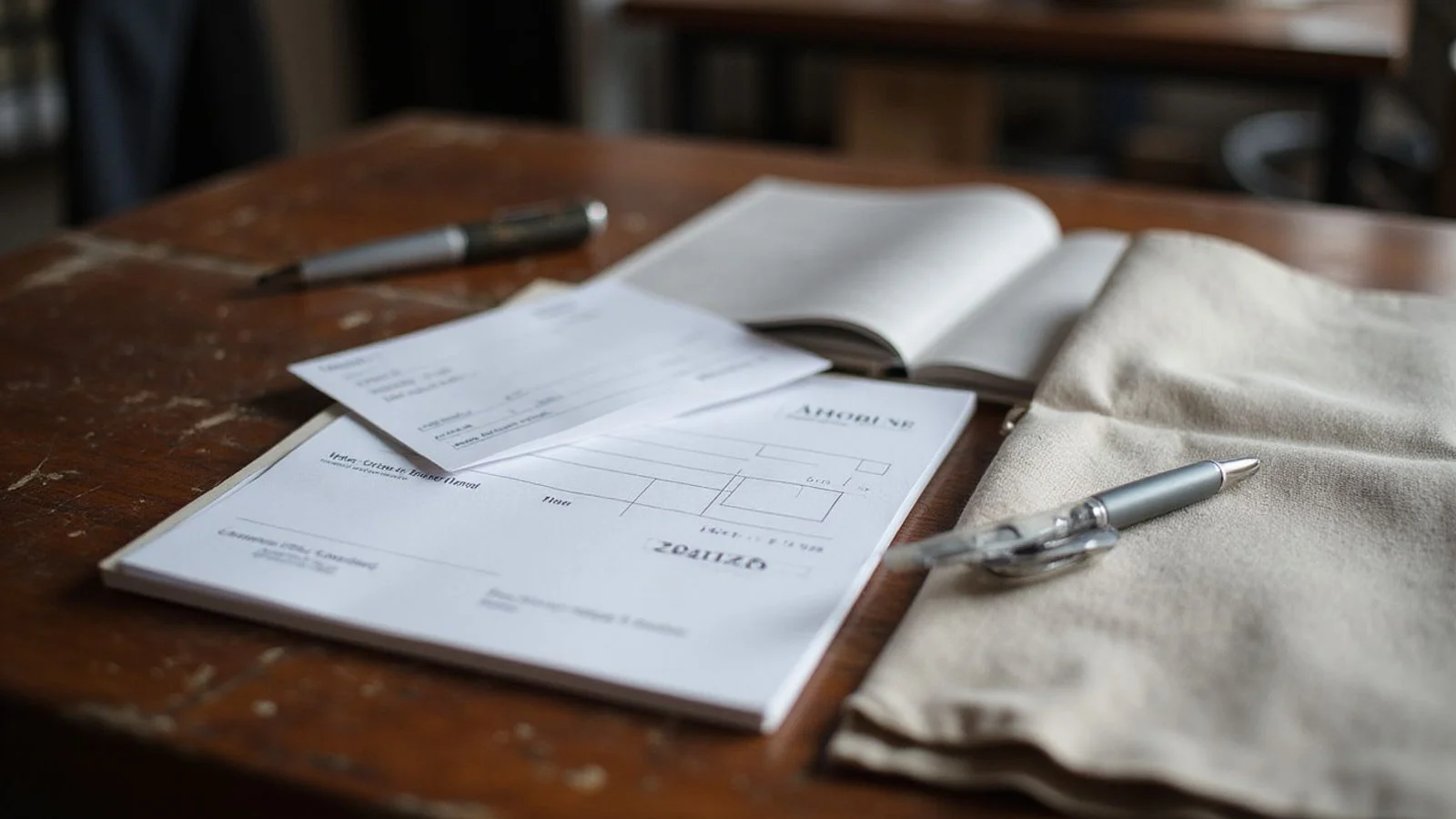 Invoice pad and cheque on a cutting table alongside a swatch book