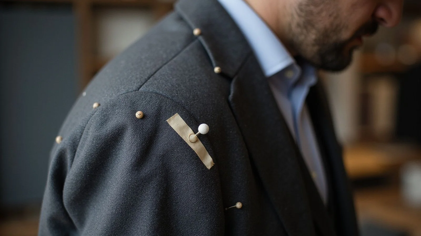 Jacket pinned at the waist for suppression, tape over the shoulder