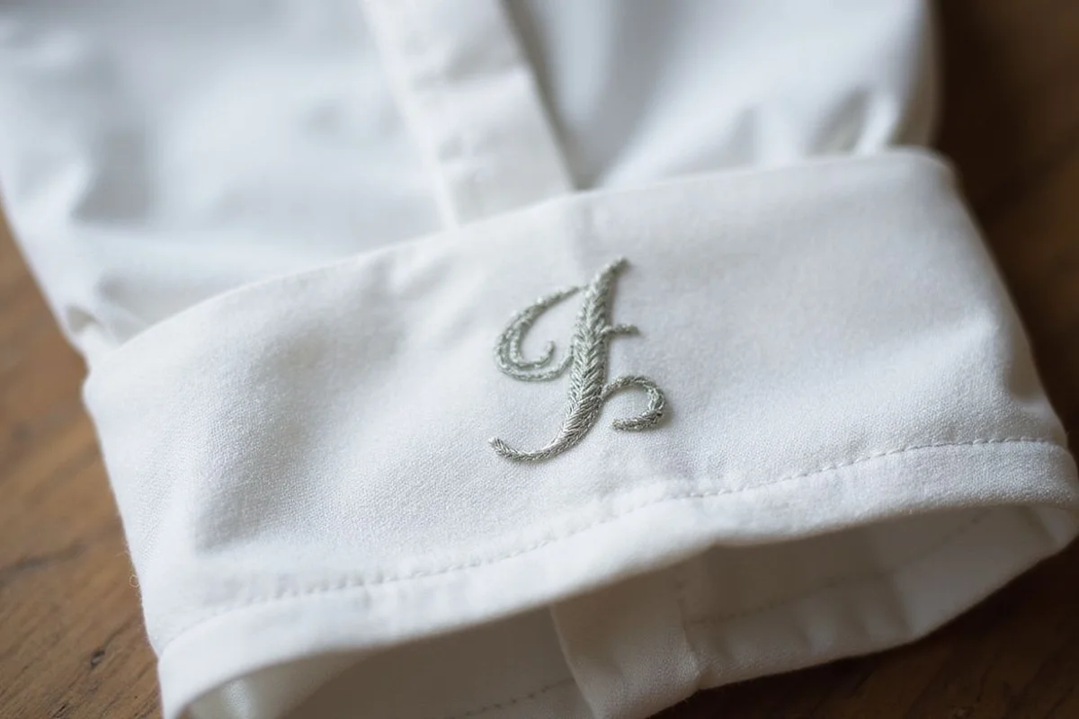Monogram stitched on a shirt cuff, close detail