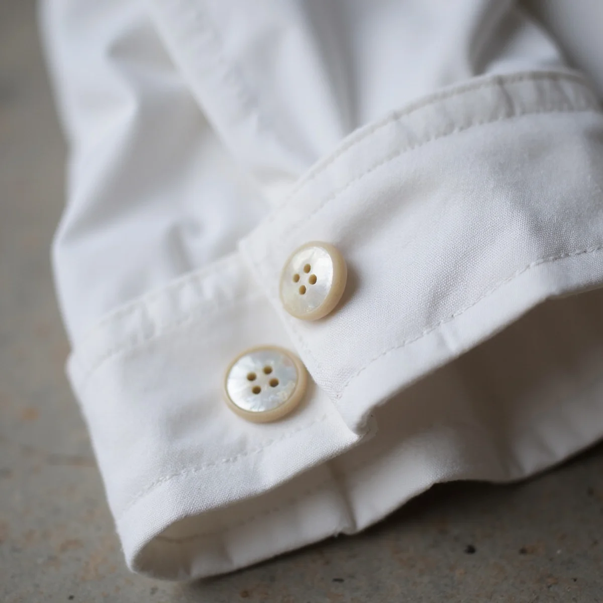 Mother-of-pearl buttons on finished white poplin shirt cuff