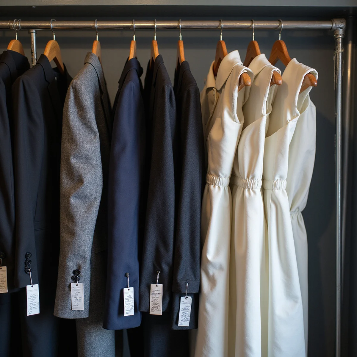 Workshop rail with labelled garments awaiting alterations