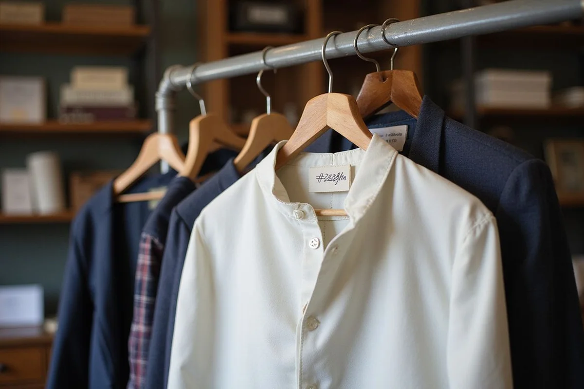 Labelled hanging garment ready for pickup