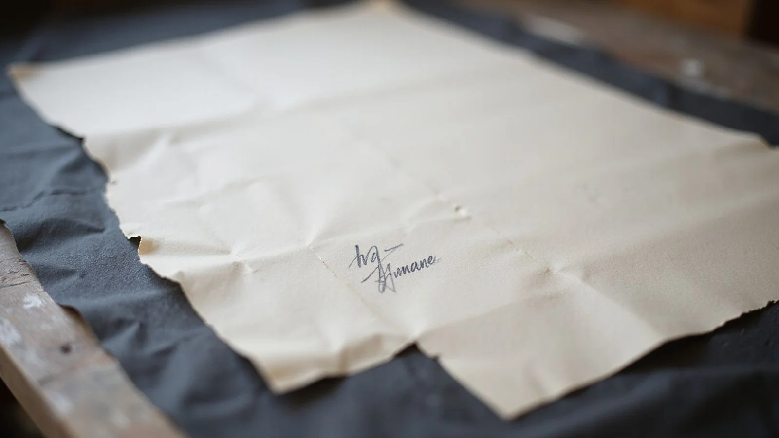 Paper pattern with client name hand-written in the corner, charcoal cloth beneath