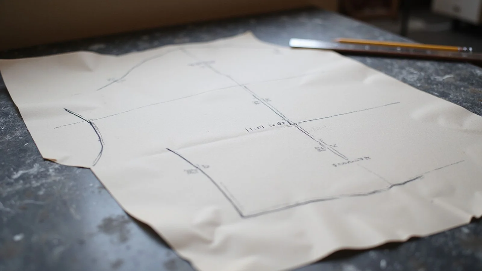 Pattern draft with extensive shoulder-slope adjustments visible, chalk annotations