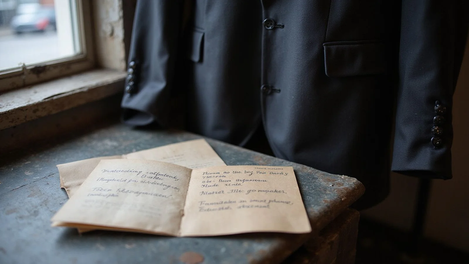 Price card and alteration ticket on a workshop counter next to a hanging jacket