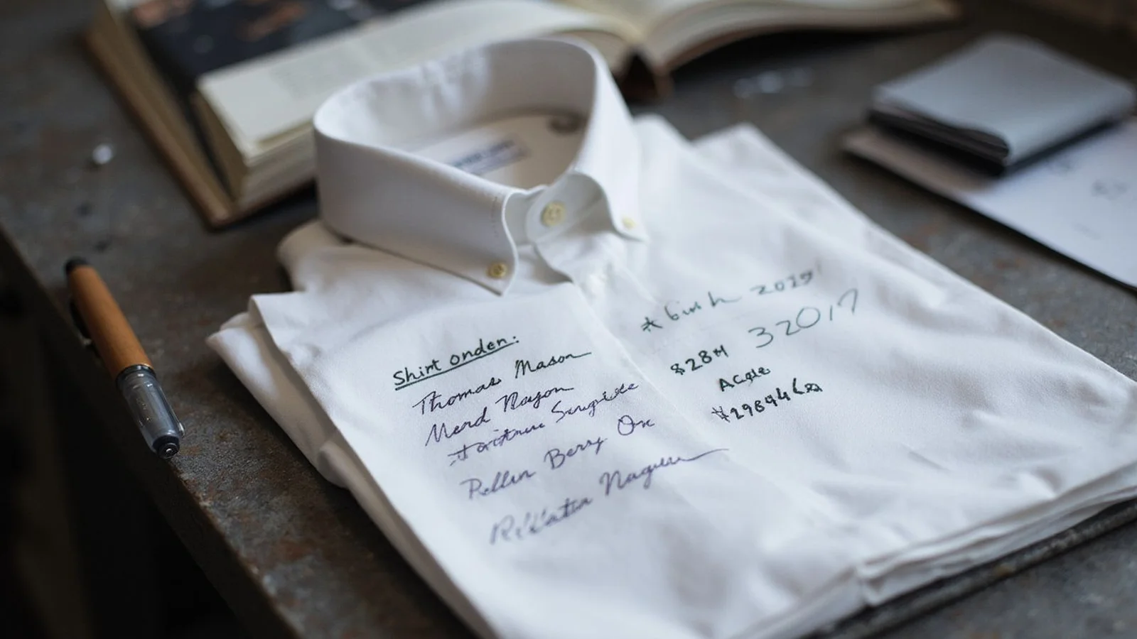 Shirt invoice beside a folded white poplin shirt and a swatch book