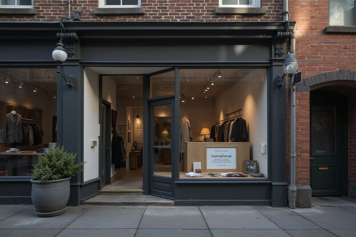 Shop-front view of a minimalist Victoria atelier on Fort Street