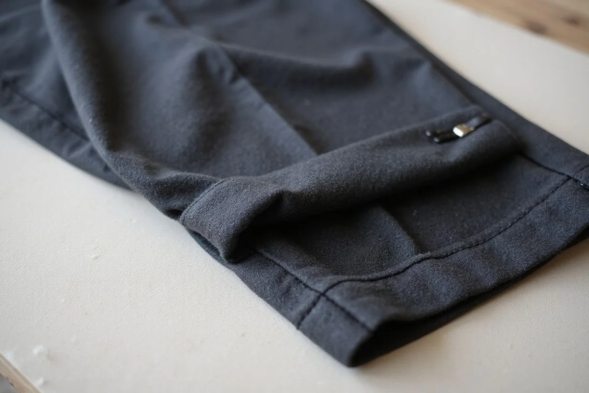 Side-by-side before/after of a taper alteration on charcoal trousers