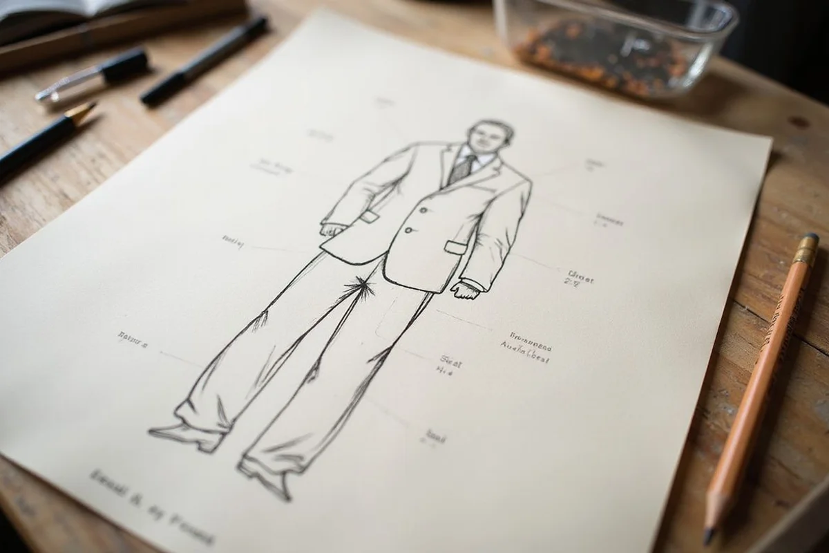 Six fit-point annotated diagram overlaid on a charcoal suit silhouette