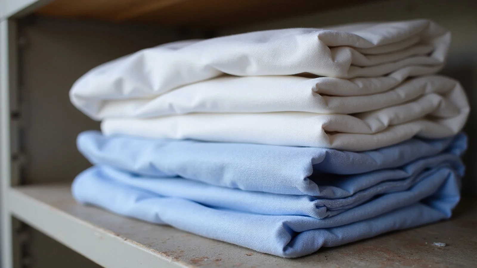 Stack of folded custom shirts in pastel cotton on a workshop shelf