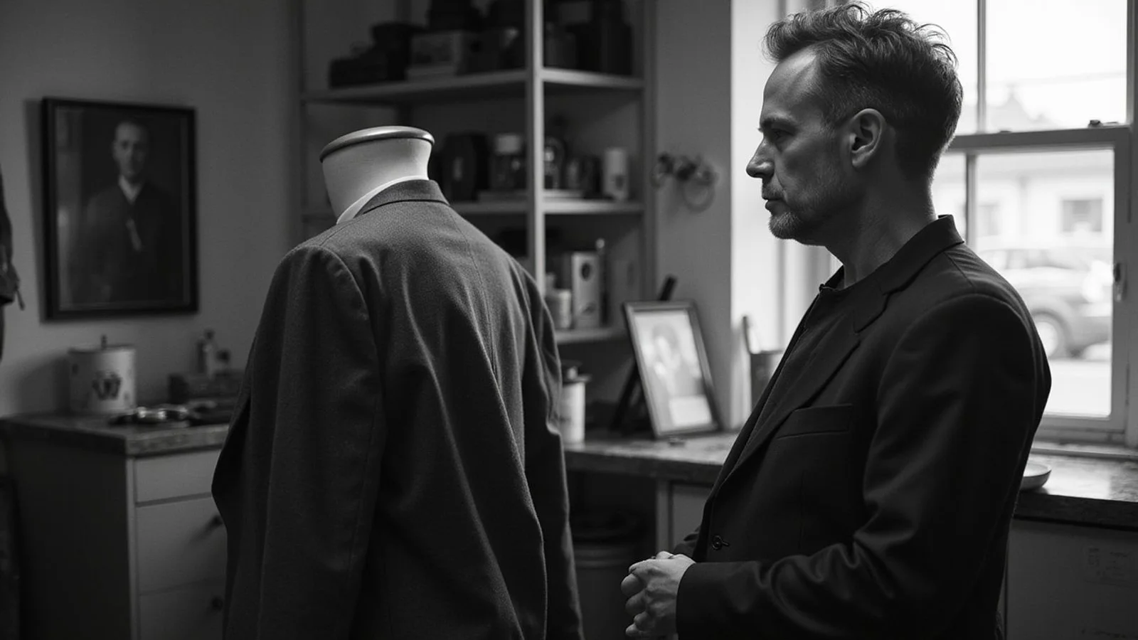 Tailor and client comparing a bespoke jacket on a dress form, conversation in progress