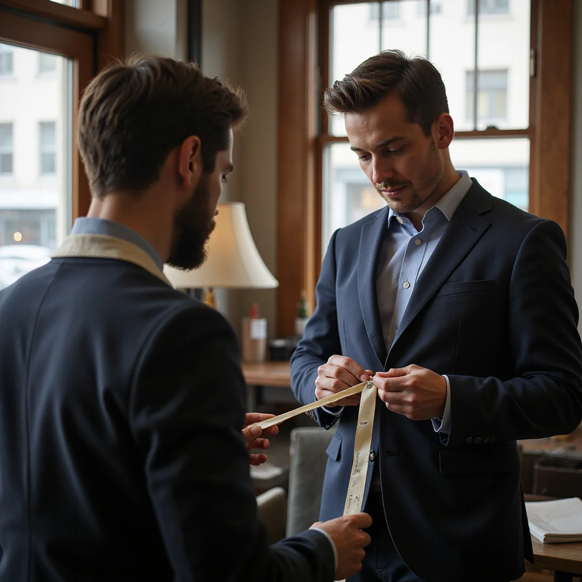 Tailor taking a collar measurement at the fitting mirror