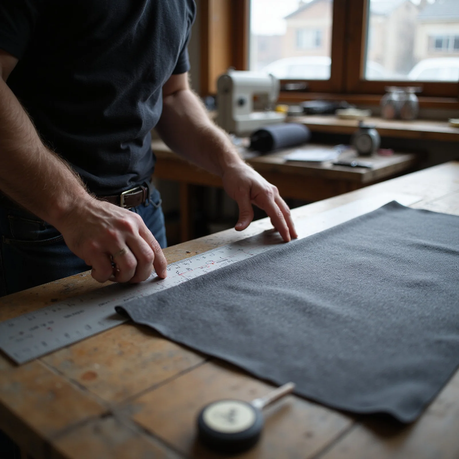 Tailor measuring fabric on the cutting table