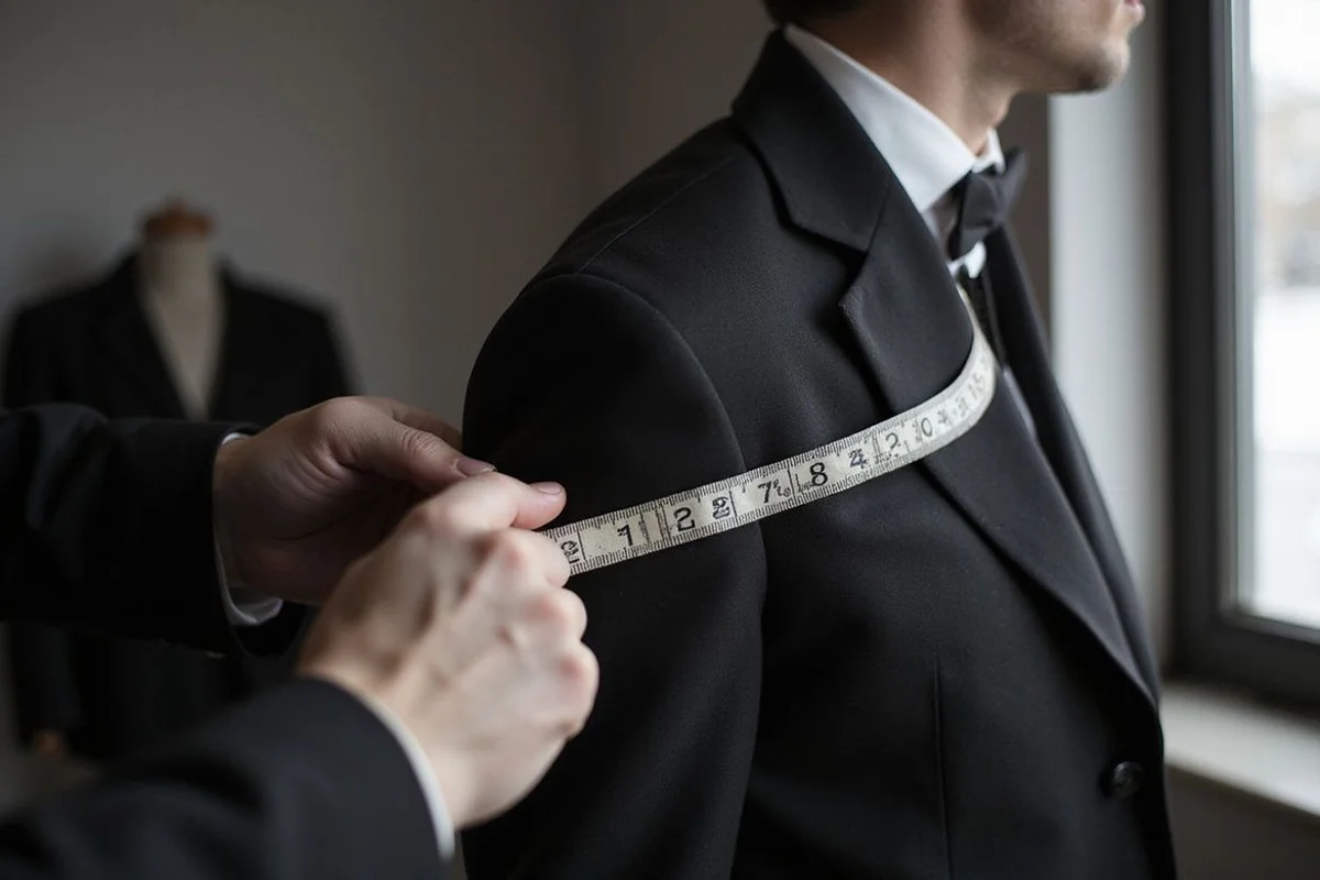 Tailor taking a chest measurement, tape steady, client relaxed
