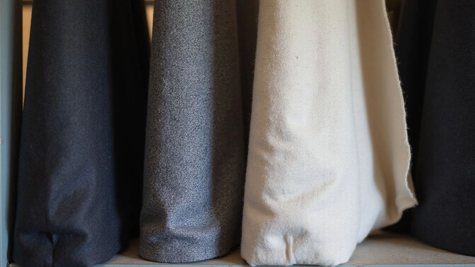 Three rolls of wool cloth — British worsted, Italian super 120s, Irish linen