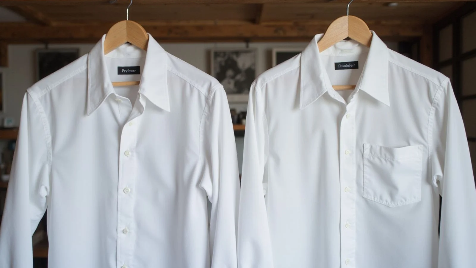 Two dress shirts side by side — custom and off-the-rack — subtle fit and collar differences