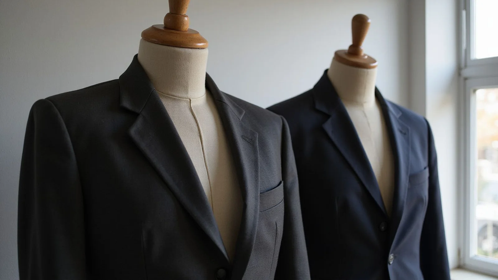 Two jackets on adjacent dress forms — one older and one new — for comparison